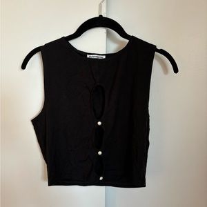 Reformation Crop Sleeveless with Keyhole Cutouts and Faux Pearls Black Size L